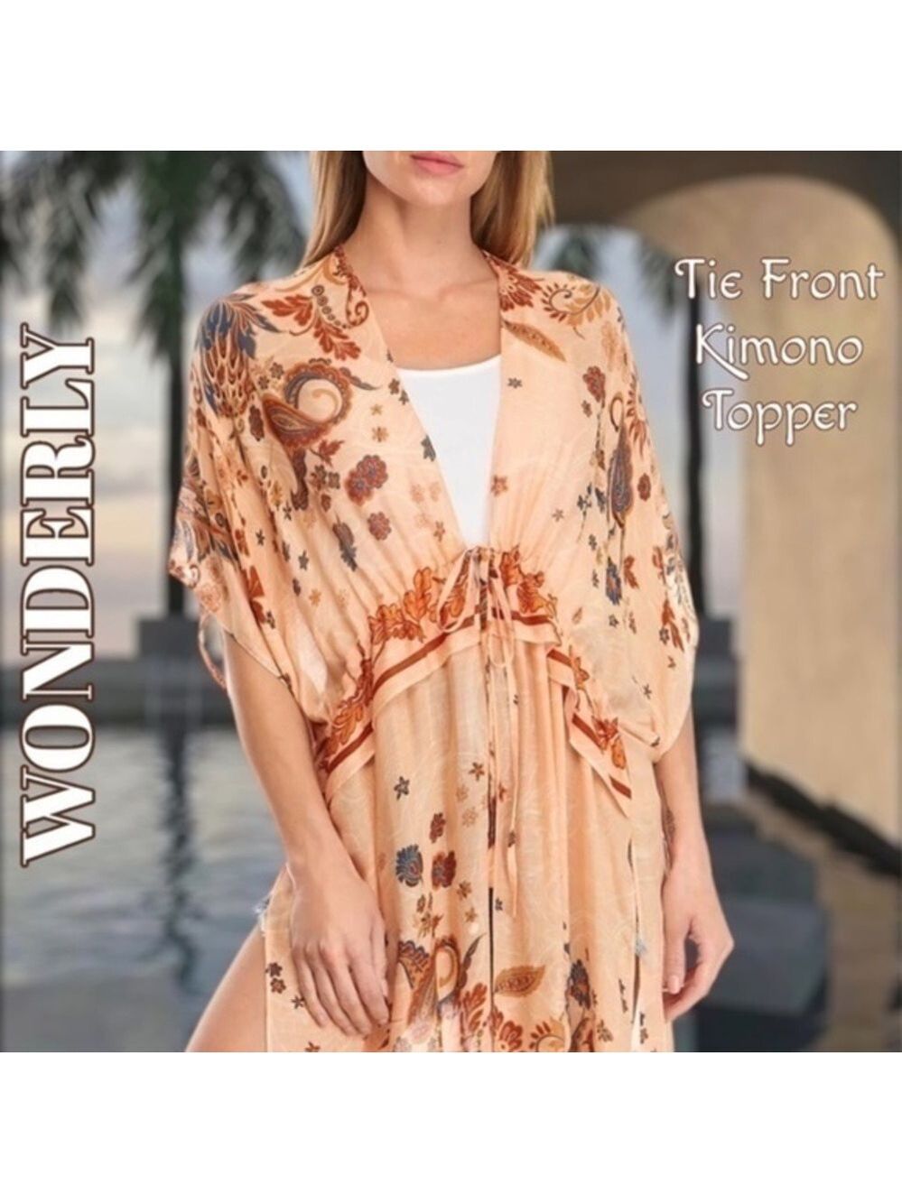 WONDERLY Paisley/Floral Short Sleeve Tie-Front Kimono Topper NWT